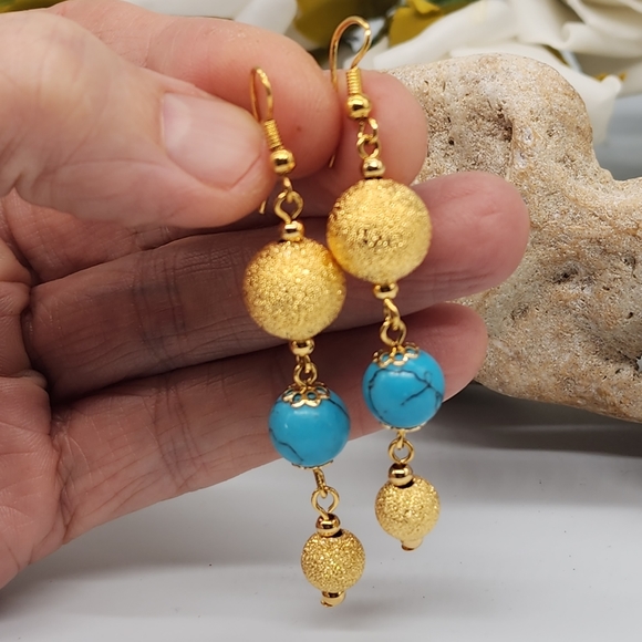 🔥10 for $30🔥 bundle Golden Jewelry Lond Dangling Gold Earrings Turquoise Stone - Picture 1 of 6